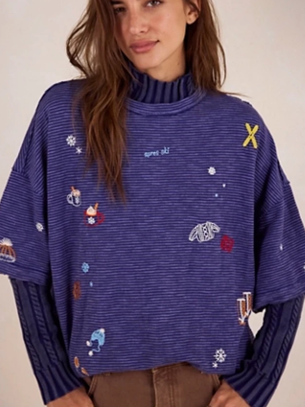 Free People Embroidered Camp Tee T-Shirt - Apres Ski Combo - Blue - Large - NWT